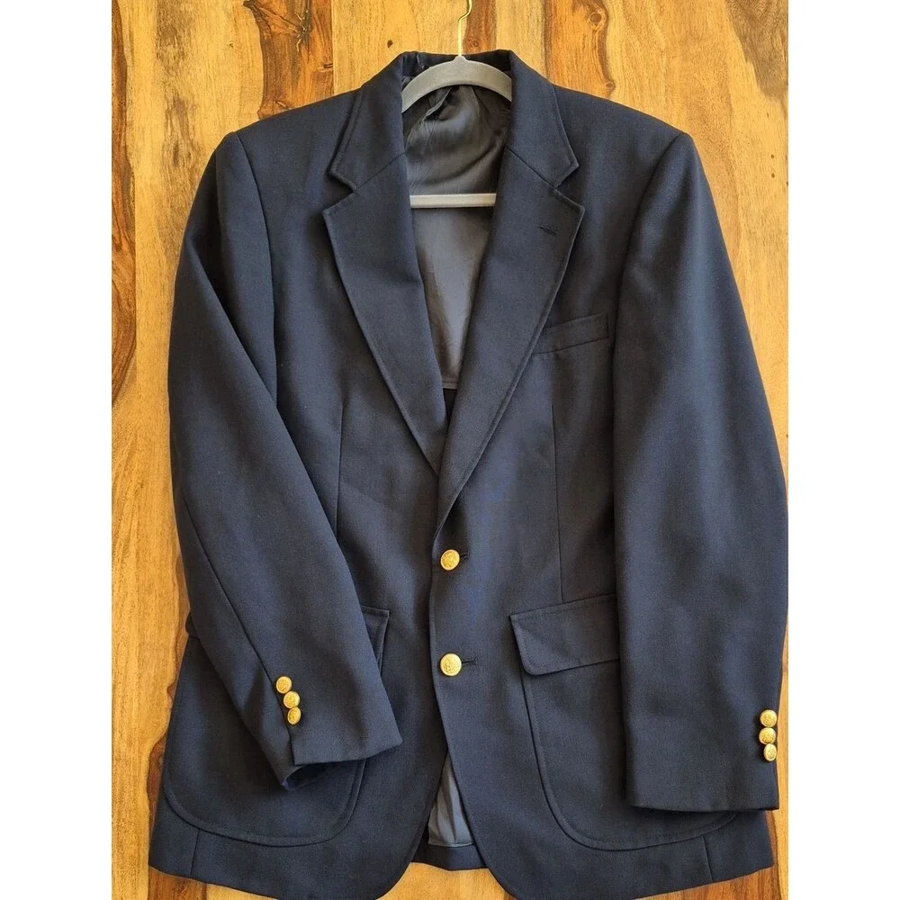 Stafford Vtg. Wool Smooth Blazer with Gold Medallion Buttons Size 40 R